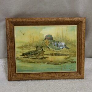 Vintage E. Rambo Small Framed Art Tile 2 Ducks at the Marsh Signed